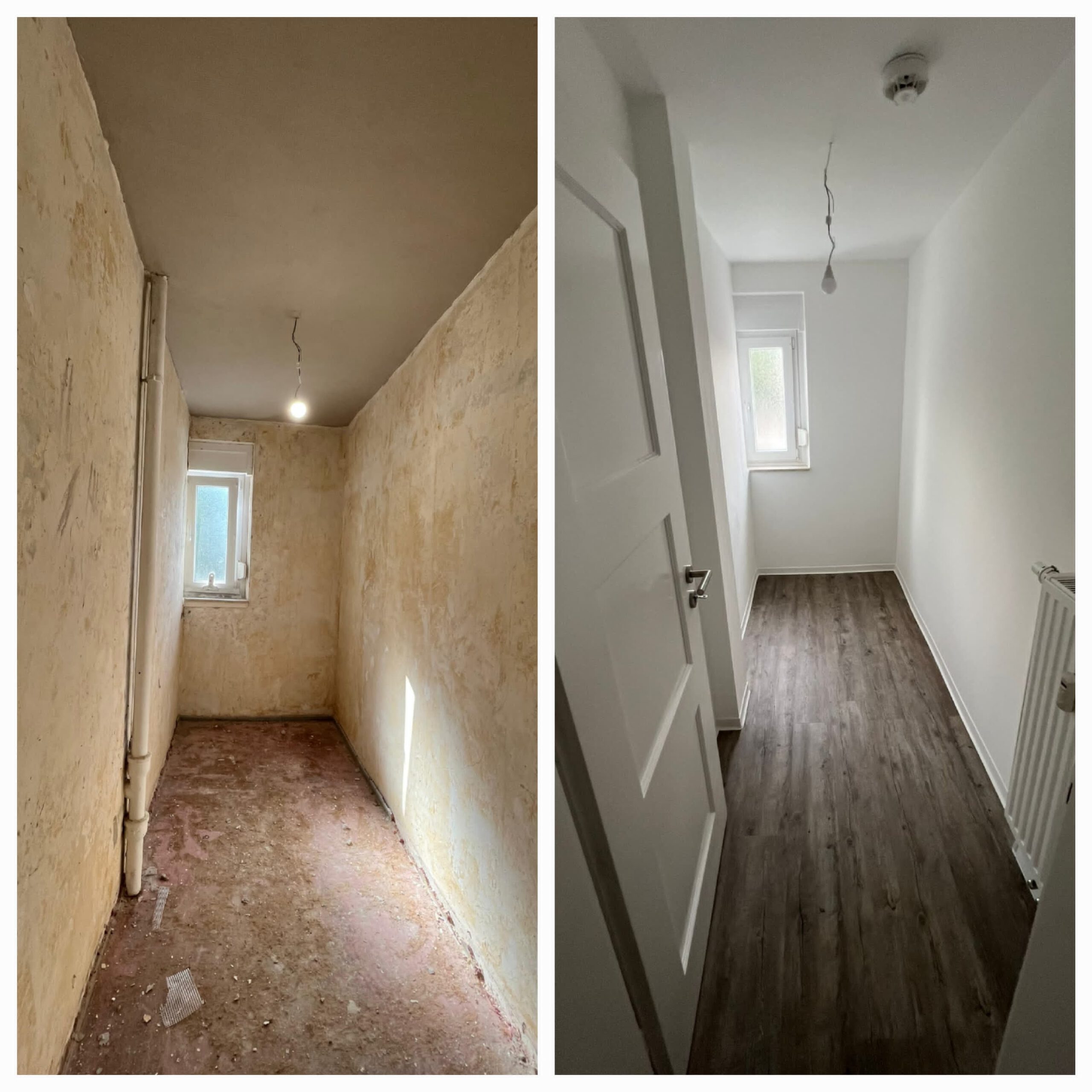 Vorher-Nachher-Vergleich einer Renovierung in Augsburg: Professioneller Trockenbau, Innenausbau, Fassadensanierung, Bodenbeschichtung, Badsanierung und Sanierungsarbeiten an Türen, Fenstern und Wänden.