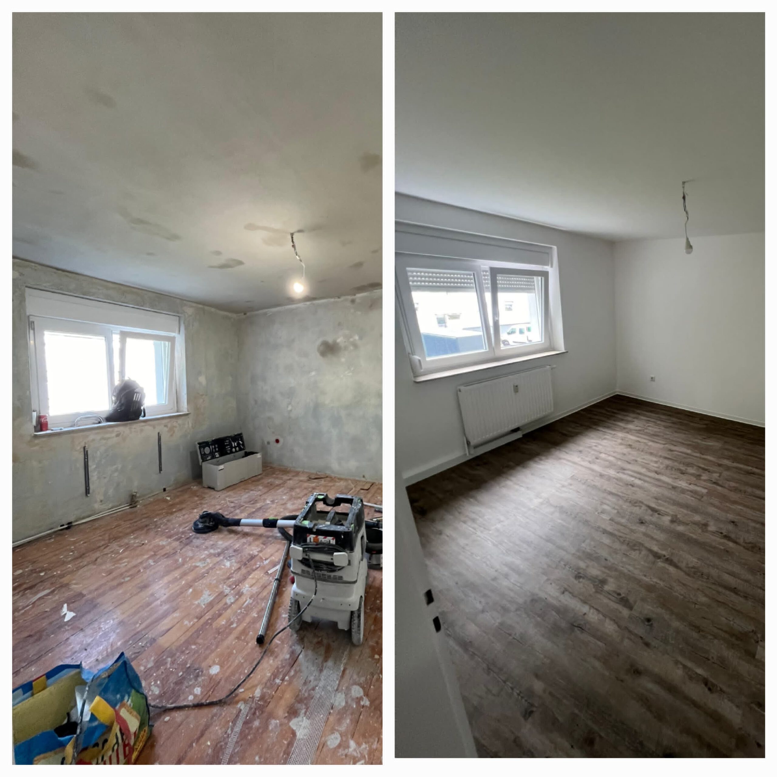 Vorher-Nachher-Vergleich einer Renovierung in Augsburg: Professioneller Trockenbau, Innenausbau, Fassadensanierung, Bodenbeschichtung, Badsanierung und Sanierungsarbeiten an Türen, Fenstern und Wänden.
