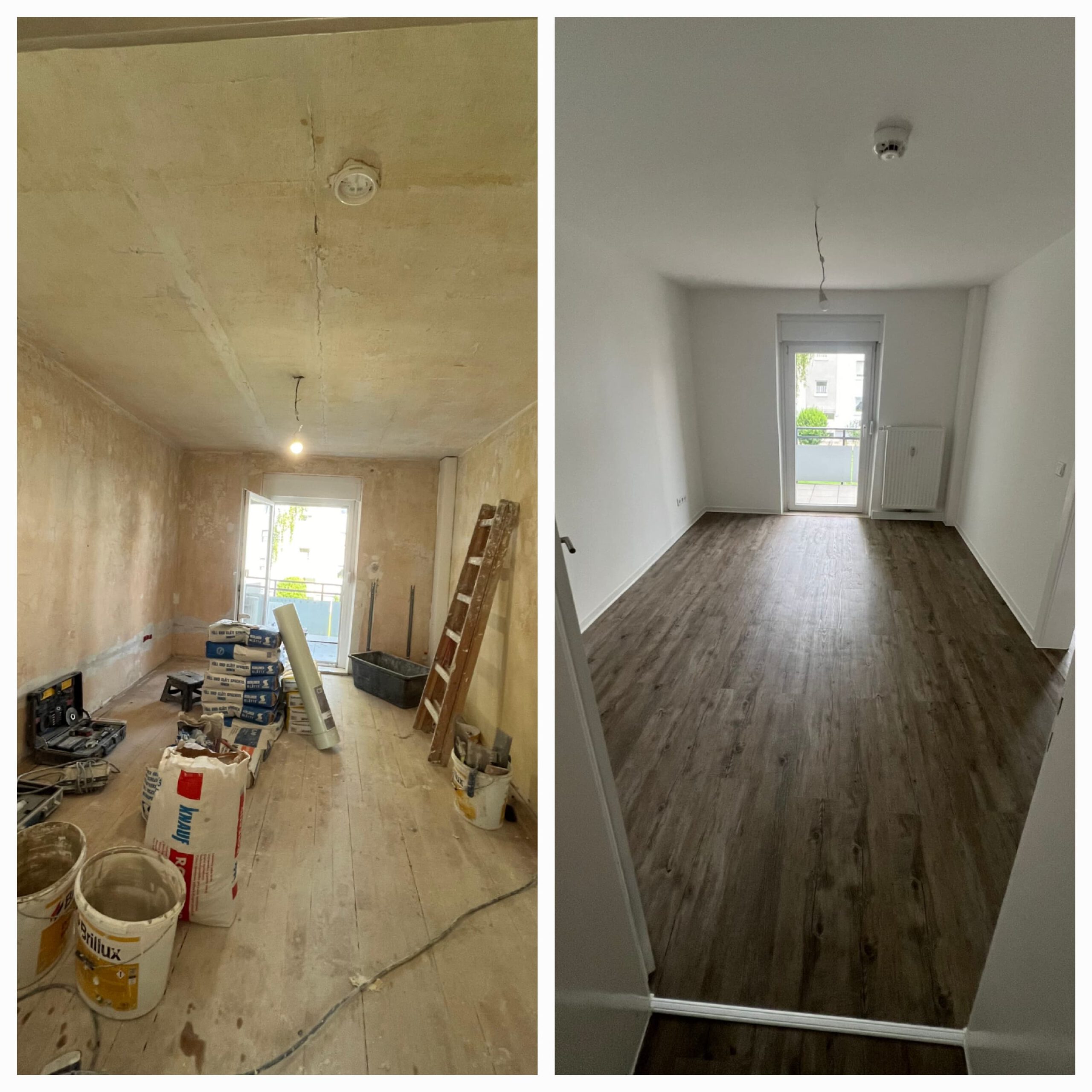 Vorher-Nachher-Vergleich einer Renovierung in Augsburg: Professioneller Trockenbau, Innenausbau, Fassadensanierung, Bodenbeschichtung, Badsanierung und Sanierungsarbeiten an Türen, Fenstern und Wänden.
