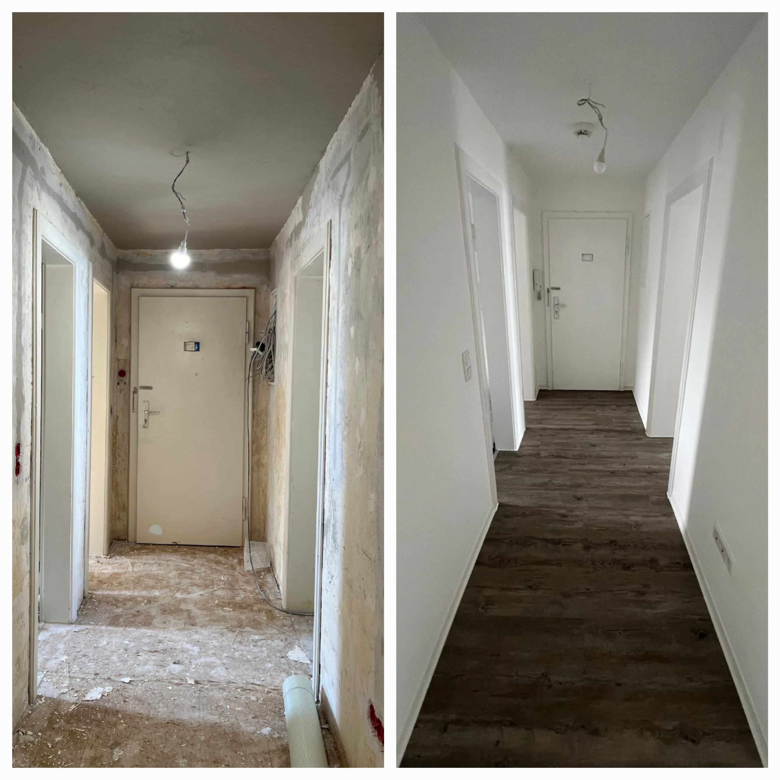 Vorher-Nachher-Vergleich einer Renovierung in Augsburg: Professioneller Trockenbau, Innenausbau, Fassadensanierung, Bodenbeschichtung, Badsanierung und Sanierungsarbeiten an Türen, Fenstern und Wänden.