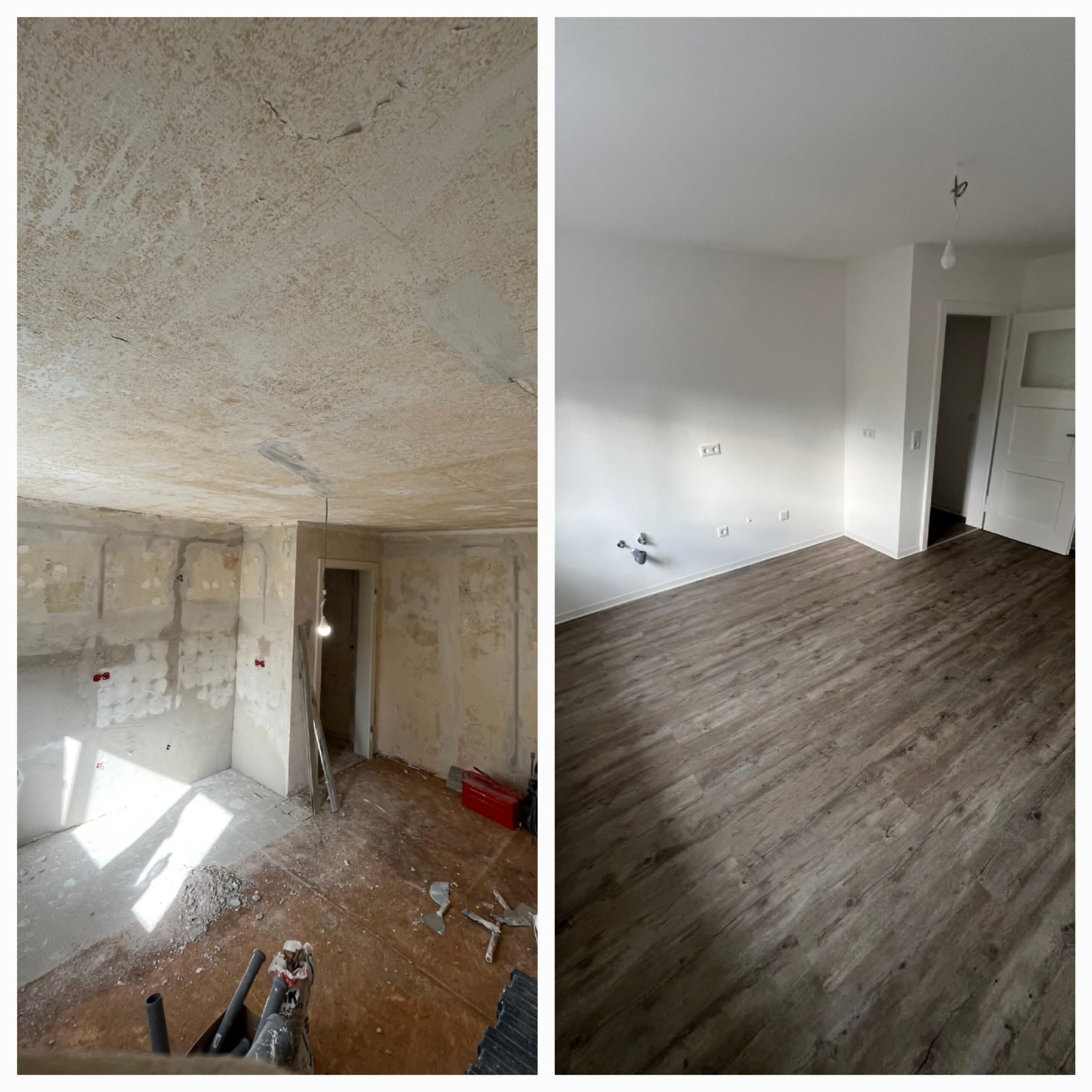 Vorher-Nachher-Vergleich einer Renovierung in Augsburg: Professioneller Trockenbau, Innenausbau, Fassadensanierung, Bodenbeschichtung, Badsanierung und Sanierungsarbeiten an Türen, Fenstern und Wänden.