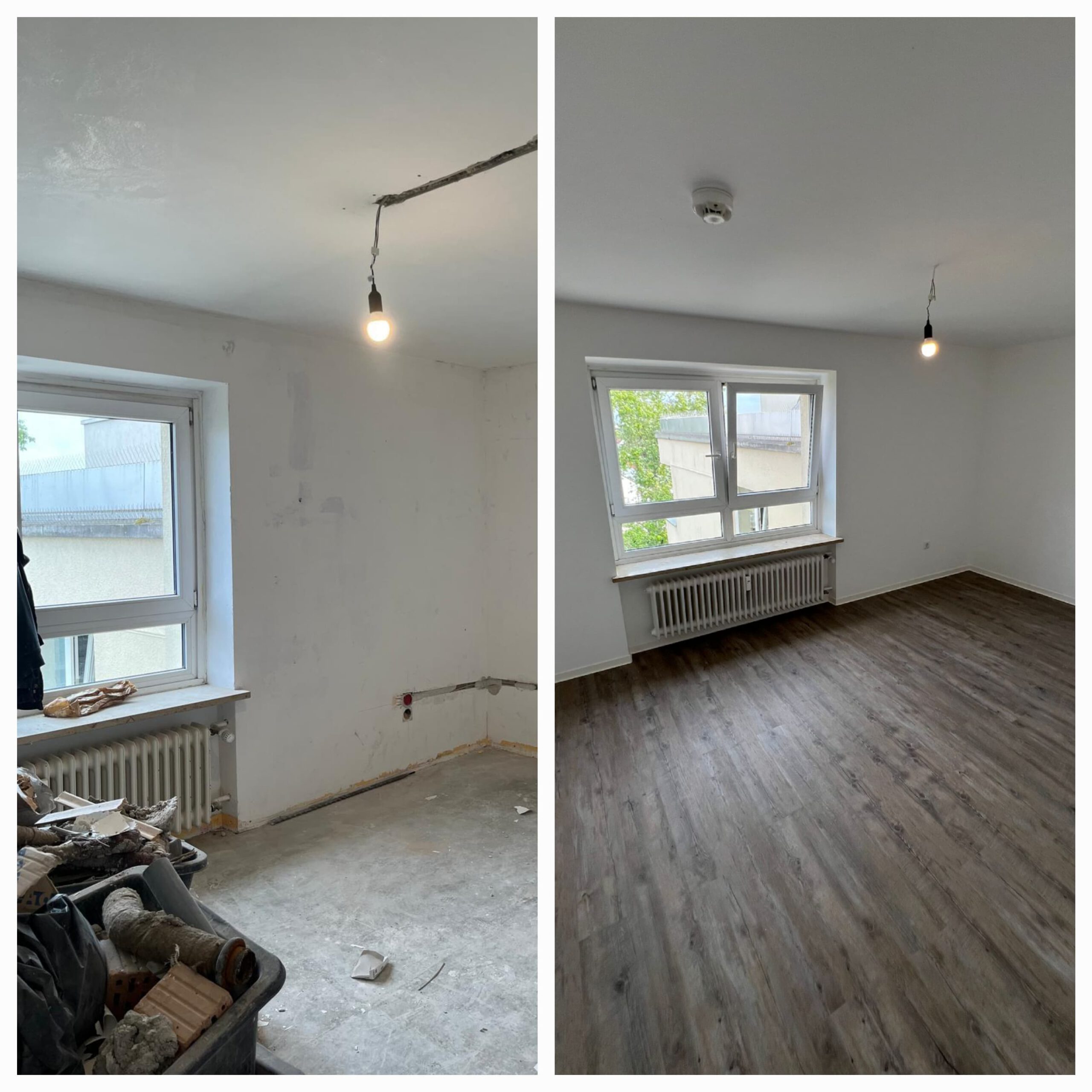 Vorher-Nachher-Vergleich einer Renovierung in Augsburg: Professioneller Trockenbau, Innenausbau, Fassadensanierung, Bodenbeschichtung, Badsanierung und Sanierungsarbeiten an Türen, Fenstern und Wänden.