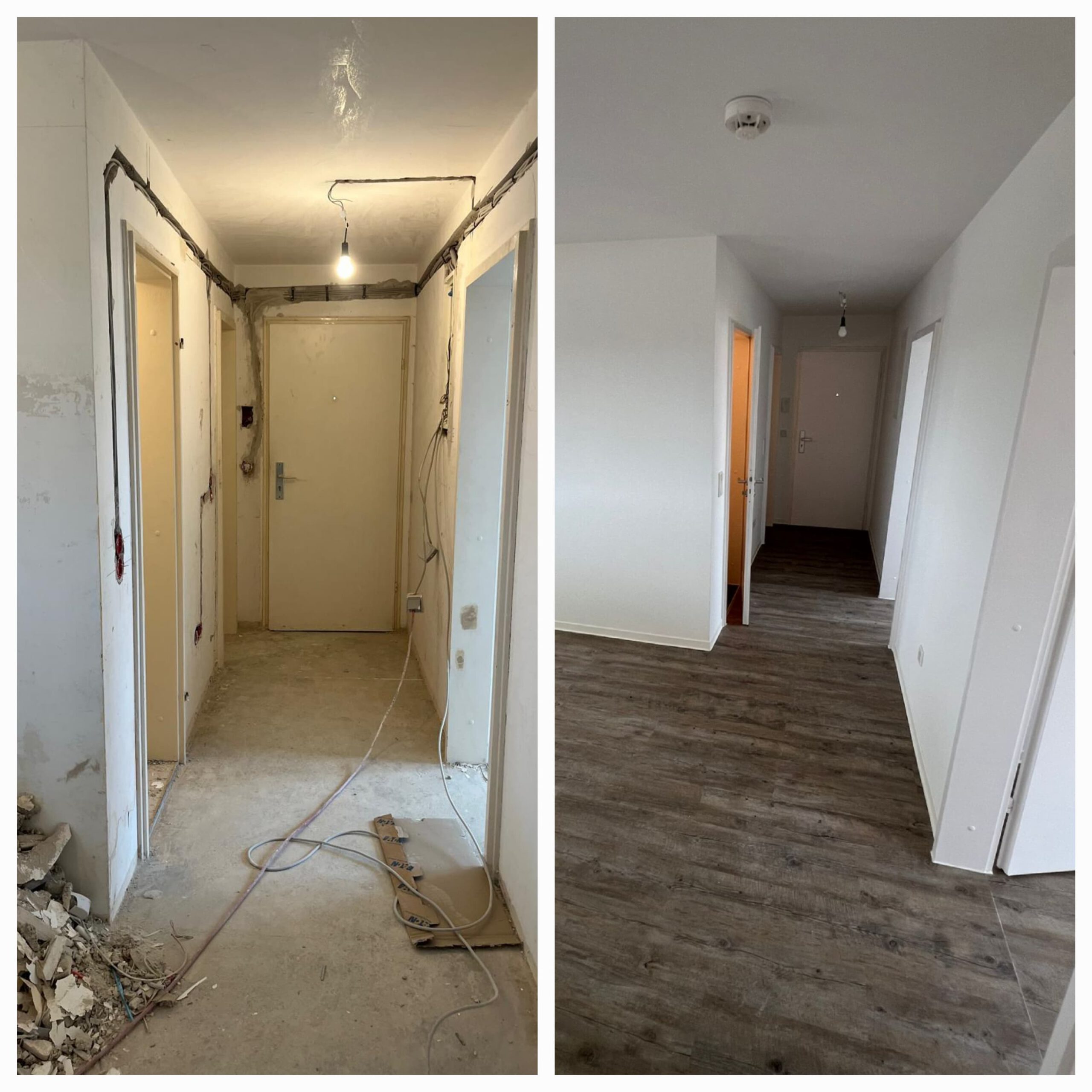 Vorher-Nachher-Vergleich einer Renovierung in Augsburg: Professioneller Trockenbau, Innenausbau, Fassadensanierung, Bodenbeschichtung, Badsanierung und Sanierungsarbeiten an Türen, Fenstern und Wänden.
