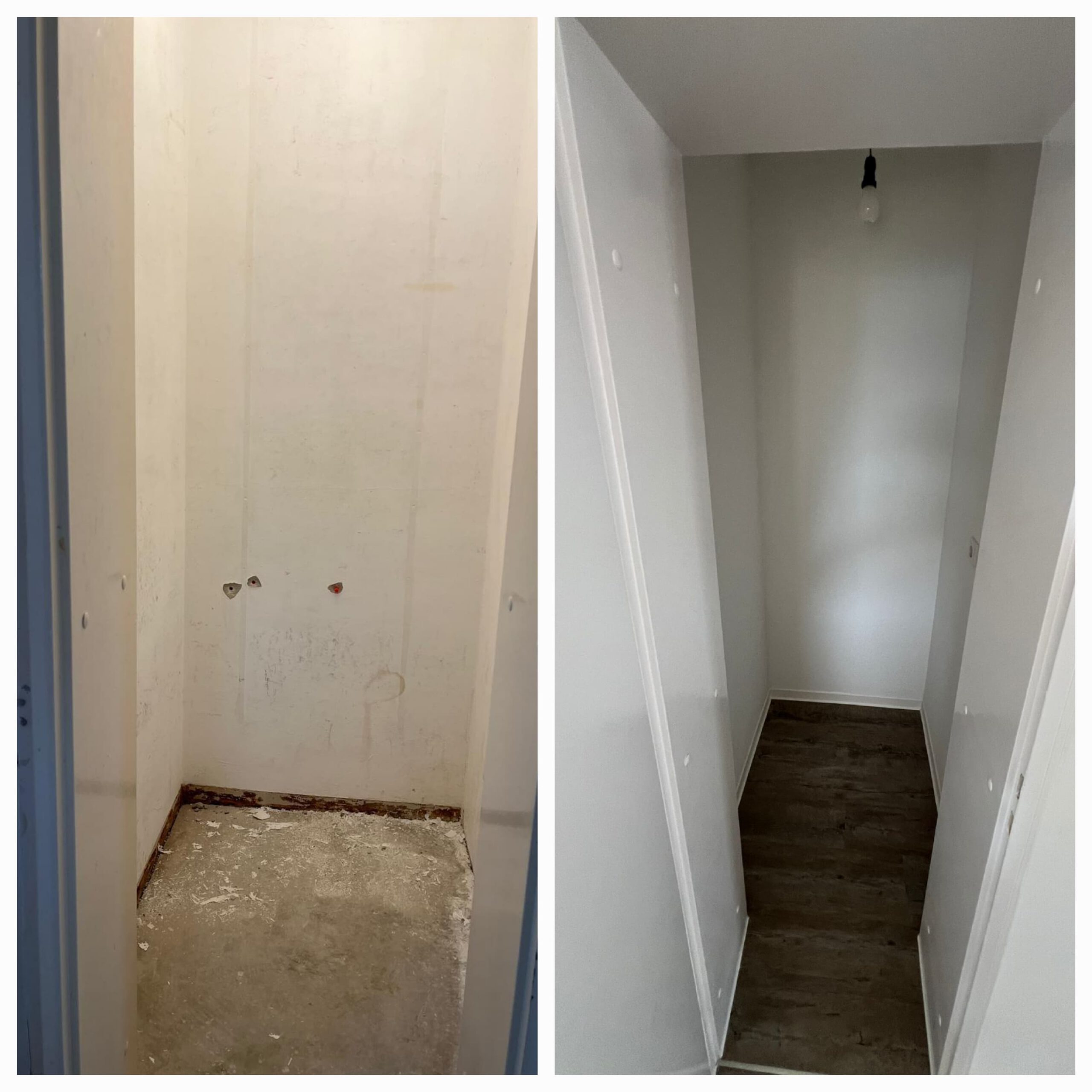Vorher-Nachher-Vergleich einer Renovierung in Augsburg: Professioneller Trockenbau, Innenausbau, Fassadensanierung, Bodenbeschichtung, Badsanierung und Sanierungsarbeiten an Türen, Fenstern und Wänden.